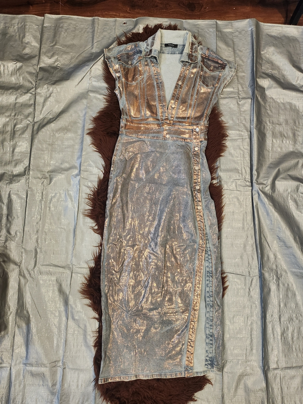 AKIRA Metallic Silver Denim Maxi Dress